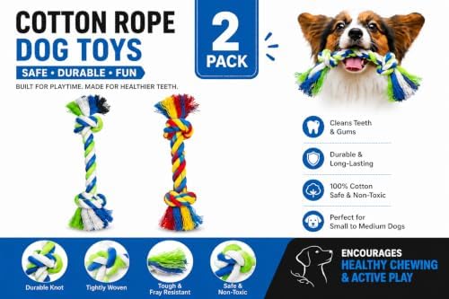 2-Pack Dog Rope Toys for Medium & Large Dogs – Durable 10" Cotton Chew Tug Toys with 2 Knots for Puppy Teething, Dental Cleaning, Boredom Relief, Indoor & Outdoor Play, Multi-Color