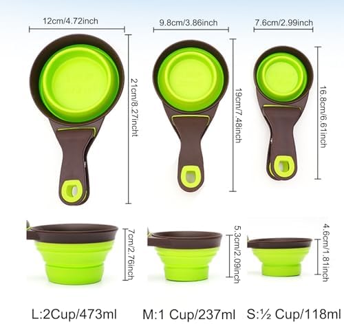 3 in 1 Multi-Function Dog Food Scoop with Measurements and Bag Clip Collapsible Dog Food Measuring Cup for Animals Silicone Measuring Spoons 1 Cup Capacity, Green, M