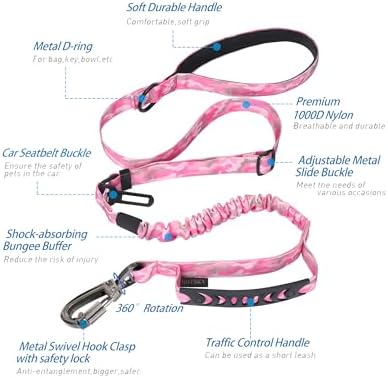 Hotsky Tactical Bungee Shock Absorbing No Pull Dog Leash,Pink Camo,4-6FT