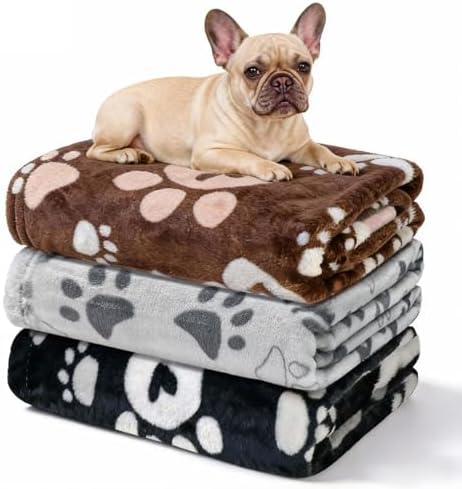 Dog Blanket for Medium Dogs Puppy & Cat Flannel Cute Paw 3 Pack