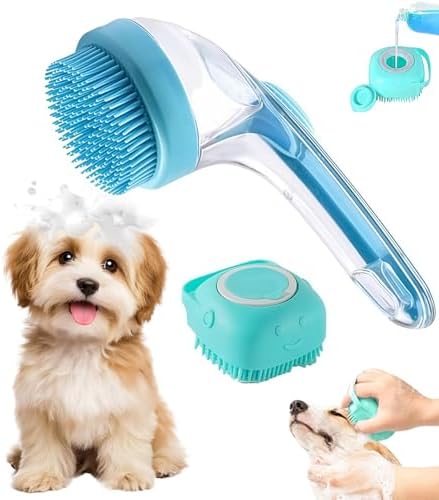 (2-Piece) Pet Bath Brush and Dog Scrubber，Bathing Dog Beauty Massage Brush with Soap Dispenser，Adjustable Handle Shampoo Brush & Scrubber for Short & Long Haired Dogs & Cats