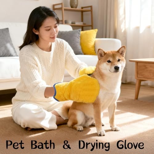 Microfiber Pet Drying Glove - Absorbent Dog & Cat Grooming Mitt, Quick Dry Bath Towel Glove for All Pets, One Size Fits All, 2 Pack (Blue/Yellow)