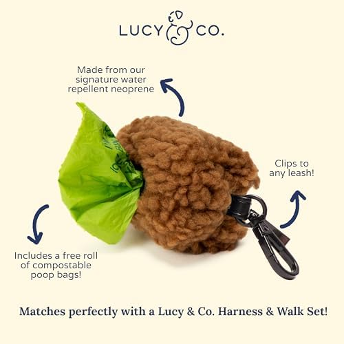 Lucy & Co. Cinnamon Teddy Dog Poop Bag Holder and Dispenser, Clips to Leash, Water-Repellent Neoprene, Includes Refill Roll