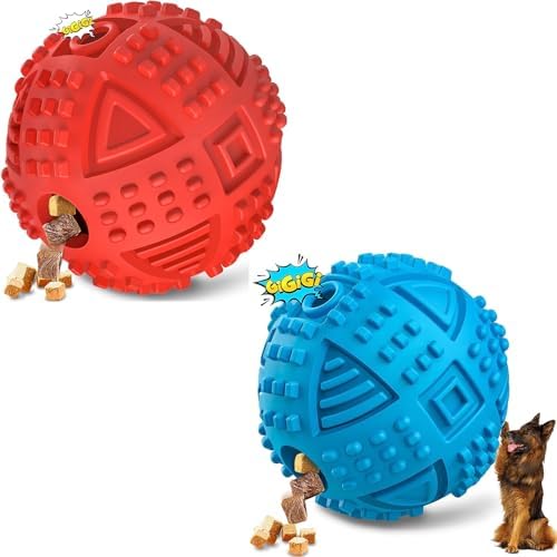 LEGEND SANDY Blue and Red Dog Balls Treat Dispensing Dog Toys for Aggressive Chewers Large Breed, Nearly Indestructible Squeaky Dog Chew Toys for Large Dogs, Natural Rubber Dog Puzzle Toys