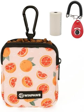 Dog Treat Pouch with Training Clicker,Waterproof Nylon Fabric Poop Bag Holders for Leashes,Hands Free Small Dog Walking Bag with Carabiner, Pet Puppy Training Walking Essentials(Grapefruit)