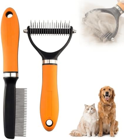 Pet Shedding Brush, Double-Sided Deshedding Grooming Tool with Undercoat Rake & Dematting Comb for Long Haired Dogs and Cats, Removes Loose Fur, Tangles & Matted Hair