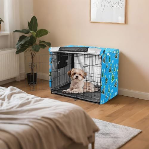 Kigai Christmas Tree Dog Crate Cover Oxford Fabric Windproof Waterproof Kennel Cover with Breathable Mesh & Roll-Up Panels, Fit for 54 in Cage, Washable