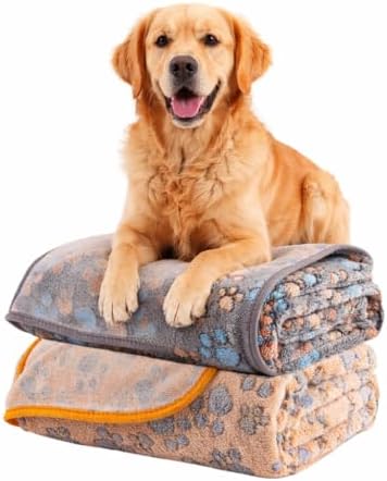 Dog Blanket 2 Pack Soft Flannel Pet Blanket for Dogs & Cats, Cozy Puppy Blanket for Couch Bed Crate, Washable Paw Print Throw 50x60 Inch Grey&Brown