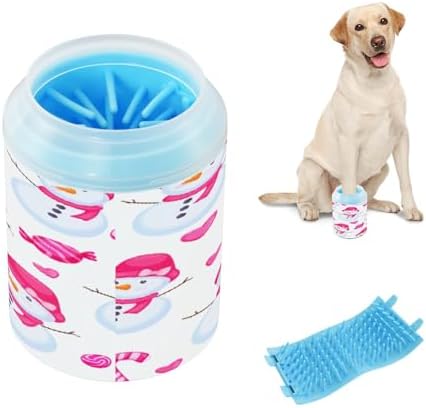 Dog Paw Cleaner Cup, Snowmen and Candy Christmas Portable Paw Washer with Soft Silicone Brush, Pet Foot Cleaner for Small Medium Large Dogs Cats, 2.56x4.53 Inch