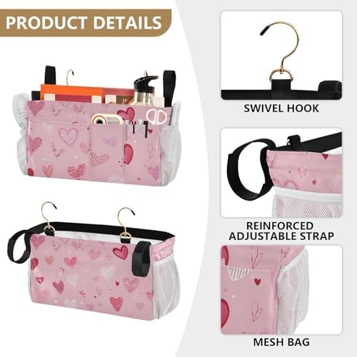 Bedside Caddy Hanging Bunk Bed Caddy Bed Organizer Hanging Pocket with 2 Hooks Bedside Storage Organizer Pocket Bag Holder Heart Pink