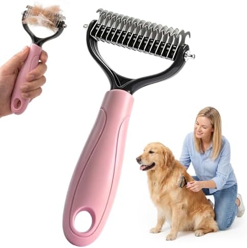 Double Sided Dematting Comb for Cats & Dogs, Professional Grooming Brush, Undercoat Rake with Ergonomic Grip, Safe Deshedding Tool for Long Thick Hair, Tangle Remover for Pets (Pink-L)
