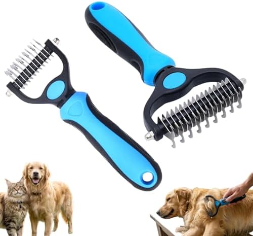 Professional Pet Grooming Tool Set (Large & Small 2-Pack), 2-in-1 Dual-Sided Undercoat Rake for Dogs & Cats, Dematting Comb & Deshedding Brush for Long Haired Pets with Thick Coats (2PC Blue-B)