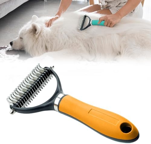 Pet Grooming Brush, 2026 New Multifunctional Double-Sided Undercoat Rake for dogs, Durable Dematting Tool for long haired cats, Easy Grip Fur Remover Comb for home use (Orange)