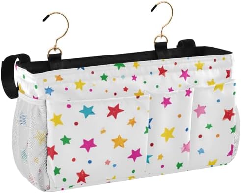 Bedside Caddy Hanging Bunk Bed Caddy Bed Organizer Hanging Pocket with 2 Hooks Bedside Storage Organizer Pocket Bag Holder Small Colorful Stars and Dots