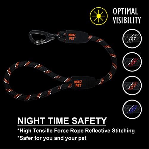 KRUZ Dog Leash (Width - 1/2”, Length - 20 IN) Reflective Rope Lead with Soft Silicone Grip, Click & Lock Snap Lightweight Leash for Dogs, Durable & Tangle-Free For Walking, Running & Training - Orange