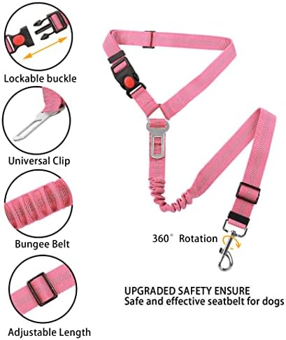 YAOHDAO Dog Seat Belt Harness for Car, Restraint Adjustable with Elastic Bungee Buffer Headrest for Vehicle, 360 Degree Swivel Nylon Pet Safety Seat Belts Heavy Duty Car Harness for Dogs (Pink)