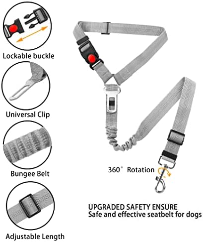 YAOHDAO Dog Seat Belt Harness for Car, Restraint Adjustable with Elastic Bungee Buffer Headrest for Vehicle, 360° Swivel Carabiner Nylon Pet Safety Seat Belts Heavy Duty Car Harness for Dogs (Grey)
