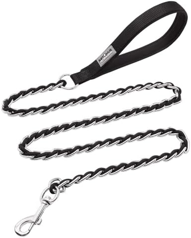 Dog Leash Chew Proof, Chain Leash Anti Chew Dog Leash for Large Dogs Heavy Duty, Indestructible Metal Leash Anti Bite Chain Link with Woven Cord Soft Padded Handle (Black, 4FT)