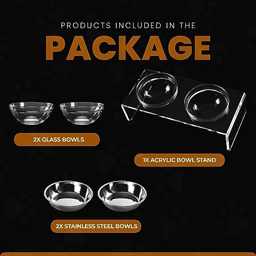 Acrylic Elevated Dog Cat Bowls Pet Feeder Double Bowl Raised Stand Comes with 2 Removable Glass Bowls and 2 Stainless Steel Bowls.Perfect for Large Dogs, 7.2" Tall