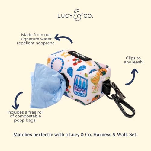 Lucy & Co. Dolce Vita Dog Poop Bag Holder and Dispenser, Clips to Leash, Water-Repellent Neoprene, Includes Refill Roll