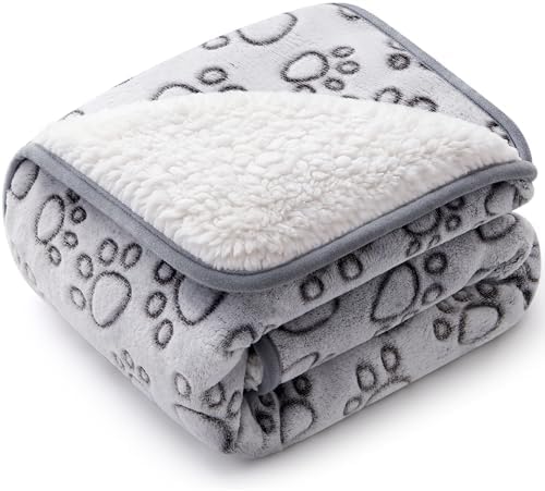 Waterproof Dog Blanket for Couch Bed, Reversible Sherpa Fleece Pet Blanket with Cute Paw Print, Leakproof Furniture Protector for Puppies Small Medium Large Dogs Cats, Machine Washable, 30"X40"