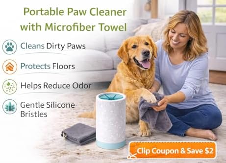 Dog Paw Cleaner with Microfiber Towel – Portable Paw Washer Cup for Dogs – Soft Silicone Bristles for Mud, Dirt & Sand Removal After Walks