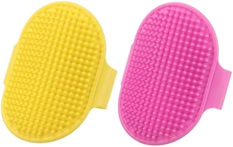 Dog Bath Brush, Silicone Pet Shampoo Brush with Adjustable Ring Handle Massage Scrubber Comb(2Pcs, Yellow/Pink), for Long Short Hair Dogs and Cats Bathing Cleaning Shampooing