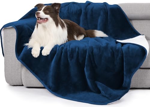 gogobunny Waterproof Bed Blanket, Reversible Sherpa Fleece Throw Blanket for Dog Puppy Cat, Furniture Cover Protects Bed Couch Sofa from Liquid Pee and Pet Fur (Navy Blue, 90x108 inches)