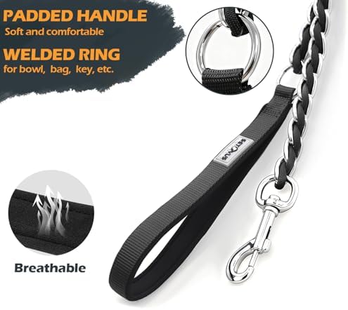 Chain Dog Leash, Bite-Proof Metal Leash, with Padded Handle Black
