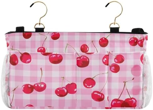 Bedside Caddy Hanging Bunk Bed Caddy Bed Organizer Hanging Pocket with 2 Hooks Bedside Storage Organizer Pocket Bag Holder Pink Juicy Checkered Cherry