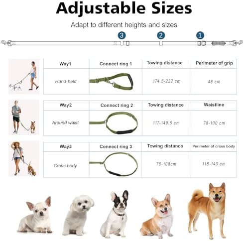 8.5ft Hands Free Dog Leash Adjustable for Medium Dogs, Army Green