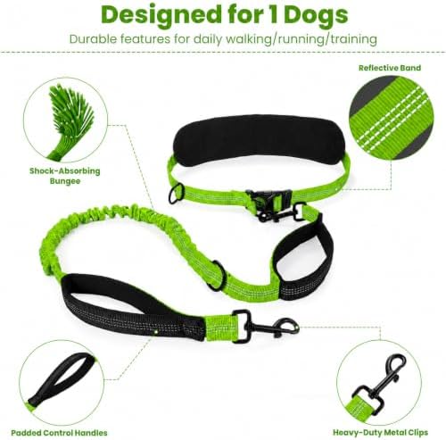 Hands Free Dog Leash, Adjustable Waist Belt 27-51", 2 Reflective Padded Handles, Comfortable Shock Absorbing Bungee, for Small Medium Large Dogs, Walking Jogging Running