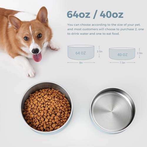WENBOKMIN Dog Bowl, Stainless Steel Food and Water Bowl, 64oz, Light Grey | Non Slip Quiet Bottom, Easy to Clean, Dishwasher Safe