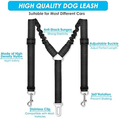 SlowTon Double Dog Seat Belt for Car with Elastic Bungee Buffer, Adjustable