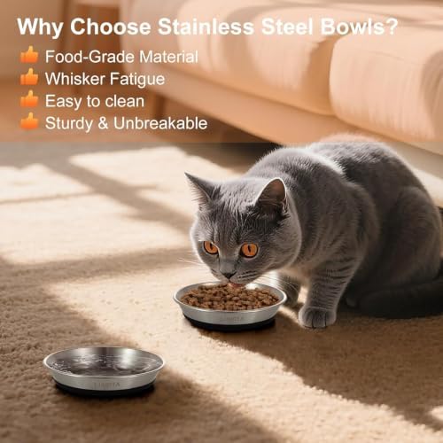Cat Bowls, 2 Pcs 304 Stainless Steel Cat Bowls for Food and Water with Whisker-Friendly Shallow Design and Non-Slip Silicone Base, Perfect for Cats & Small Dogs (5 Pack -Mix Color)