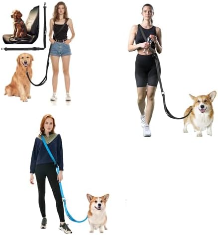 Hands Free Dog Leash with Car Seatbelt, Multifunctional Waist & Crossbody Dog Leash, 6.3-9.2Ft Adjustable 2-in-1 Handheld & Belt Design, Reflective Stitching for Medium & Large Dogs Walking, Running,