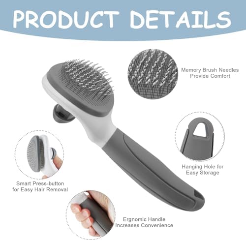 Cat Brushes for Indoor Cats, Dog Brush for Shedding with Metal Cat Comb, Self Cleaning Pet Hair Brush with Release Button for Grooming Kitten(Dark Grey)