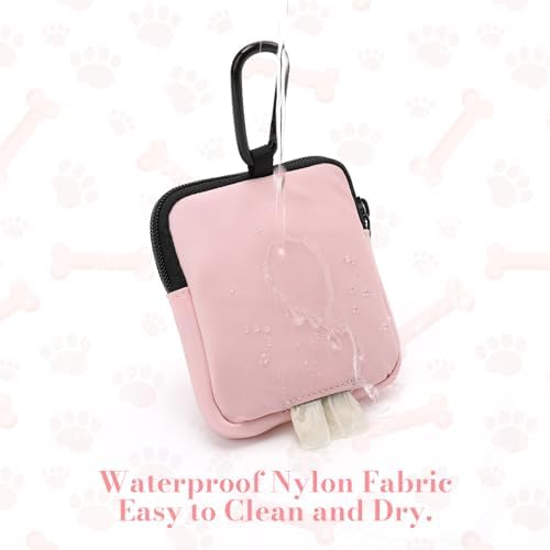 Dog Treat Pouch with Training Clicker,Waterproof Nylon Fabric Poop Bag Holders for Leashes,Hands Free Small Dog Walking Bag with Carabiner, Pet Puppy Training Walking Essentials (Pink)
