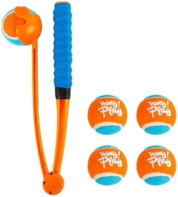 ALL FOR PAWS 25“Dog Ball Launcher, Foldable Tennis Ball Thrower,2.5 inch Ball Included and 4 Pack 2.5-inch Tennis Balls Bundle