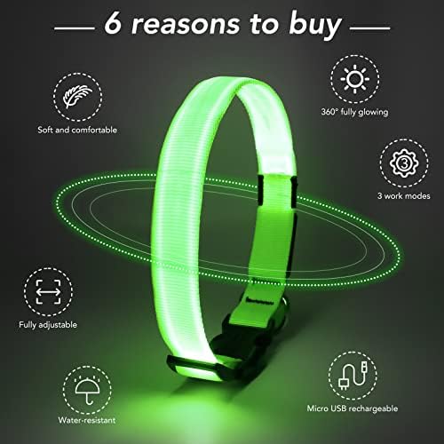 Light Up Dog Collar, Rechargeable USB Collar, Waterproof, Luminous LED Collar, Adjustable, Super Bright, Night Walking for Small Medium Large Dogs, Green, M