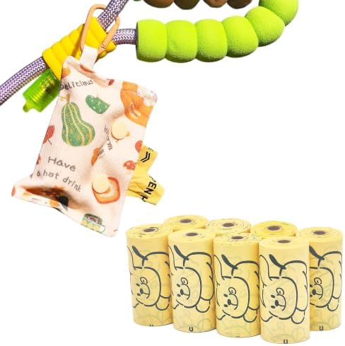 Cute Cartoon Pattern Fabric Dog Poop Bag Holder - Portable Leash - Attached Clip, Quick Access Dog Walking Essential, Includes 8 Rolls (120pcs Bags, Beige Food Print))