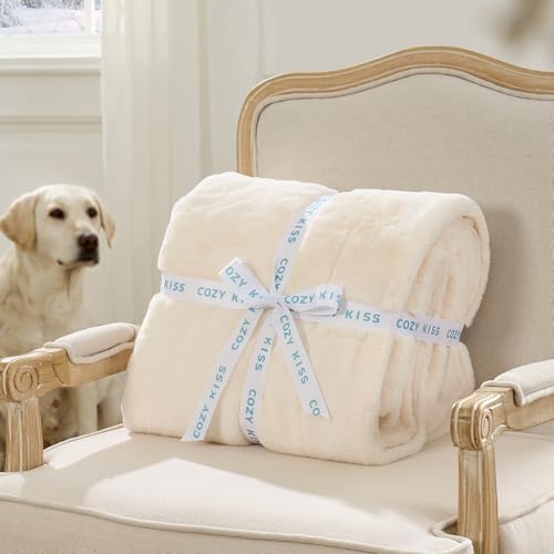 COZY KISS Soft Luxury Faux Fur Throw Blanket for Couch, 50x60 inch Cream