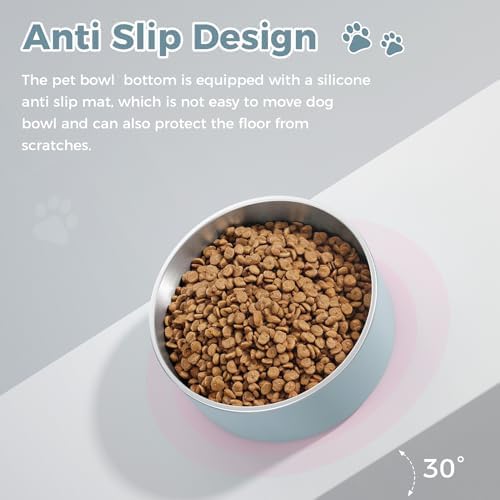 WENBOKMIN Dog Bowl, Stainless Steel Food and Water Bowl, 64oz, Light Grey | Non Slip Quiet Bottom, Easy to Clean, Dishwasher Safe