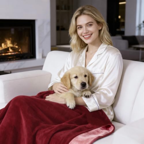 QiyI Reversible Waterproof Blanket for Bed Couch Sofa, 40x60, Burgundy/Pink