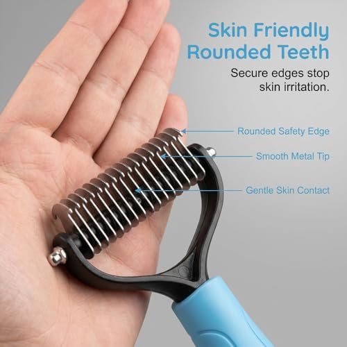 Double Sided Dematting Comb for Cats & Dogs, Professional Grooming Brush, Undercoat Rake with Ergonomic Grip, Safe Deshedding Tool for Long Thick Hair, Tangle Remover for Pets (Blue-S)