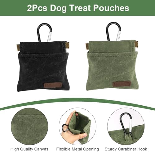 2Pcs Dog Treat Pouch, Dog Treat Pouches for Pet Training, Portable Auto Closing Dog Walking Bag with Carabiner for Puppy Travel or Outdoor Use Black Green