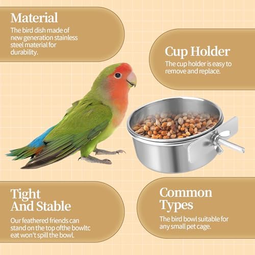 Bird Cage Feeder, Bird Feeder for Cage, 20OZ Stainless Steel Parrot Food Water Bowls with Clamp Holder, Hanging Feeding Dish Cups for Cockatiel Parakeet Conure Budgie Lovebird Small Animal
