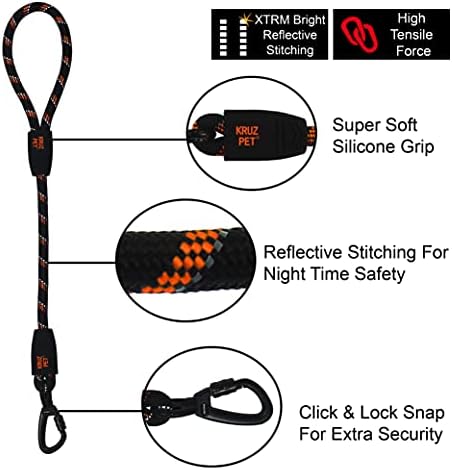 Kruz Dog Leash (Width - 1/2”, Length - 20 INCH) Reflective Rope Lead with Soft Silicone Grip, Click & Lock Snap Lightweight Leash for Dogs, Durable & Tangle-Free for Walking, Running & Training - Red