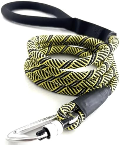Heavy Duty Rope Dog Leash with 1100LB Rated Locking Carabiner – 6FT Climbing-Inspired Reflective Rope Leash for Large & Medium Dogs that Pull – Padded Handle (Black/Yellow)