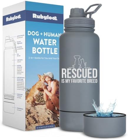 Rubyloo Dog Water Bottle w/Detachable Bowl for Dog Lovers, Favorite Rescue